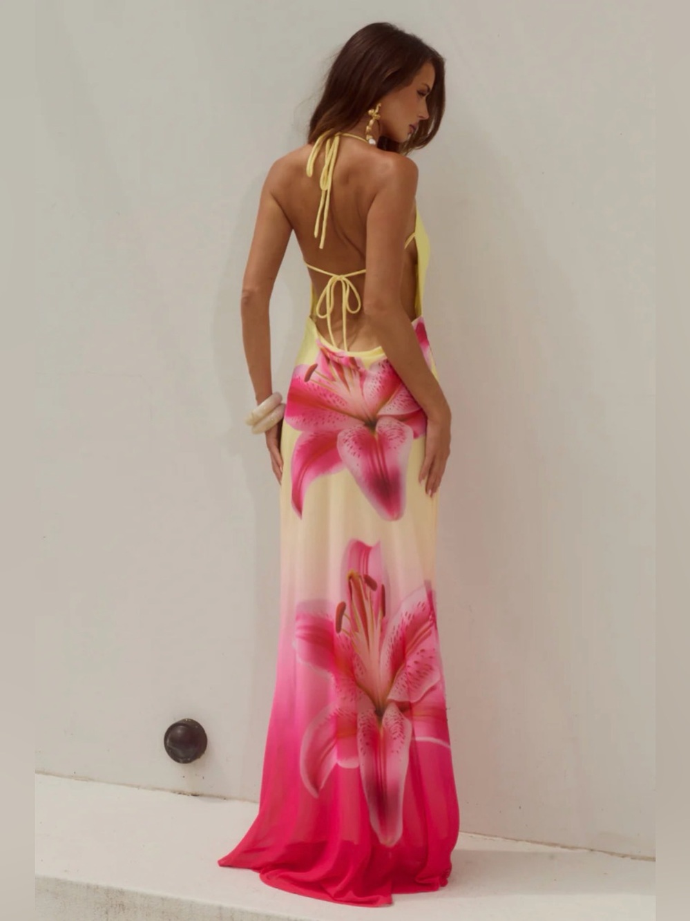 Yellow Maxi Dress wi/Pink Floral Print - Picture 2 of 4